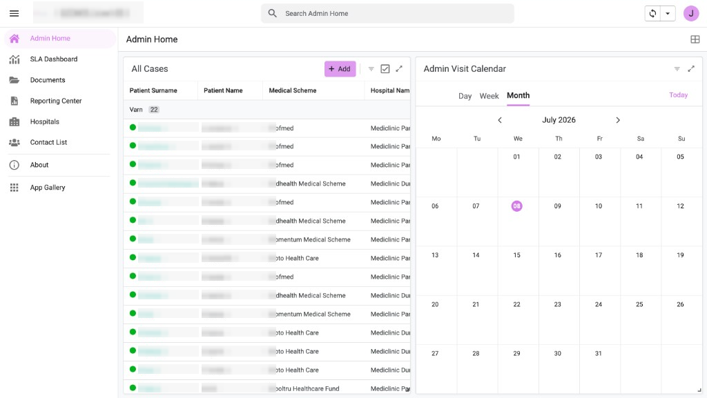 Anonymised admin dashboard showing case lists and a visit calendar.