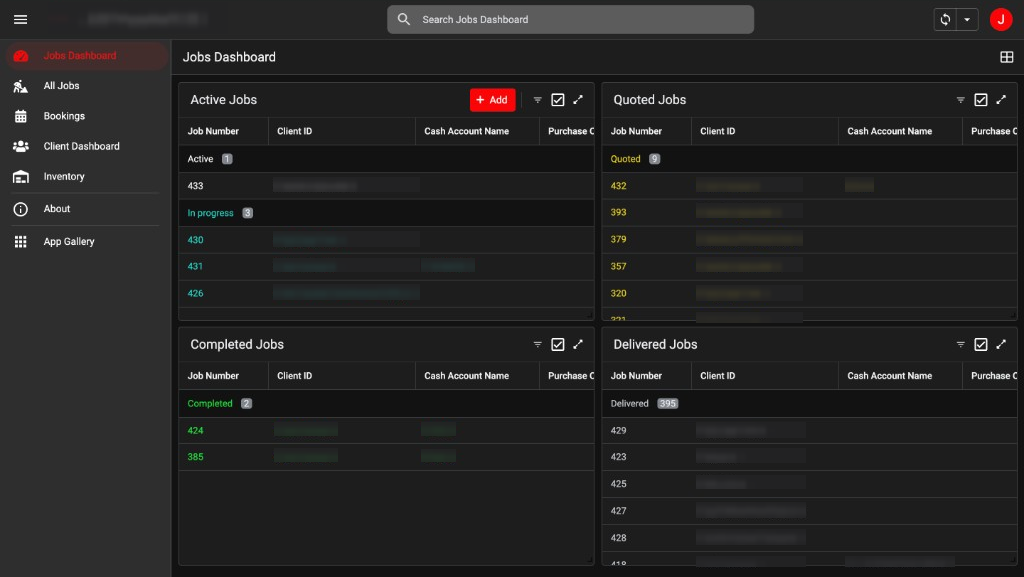 Anonymised workshop operations dashboard showing active, quoted and completed jobs.
